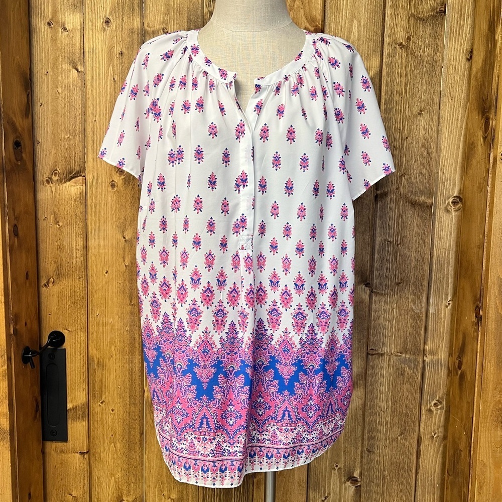 Talbots 2X Vibrant Pink Purple Short Sleeve Blouse Lightweight Office - Picture 3 of 10